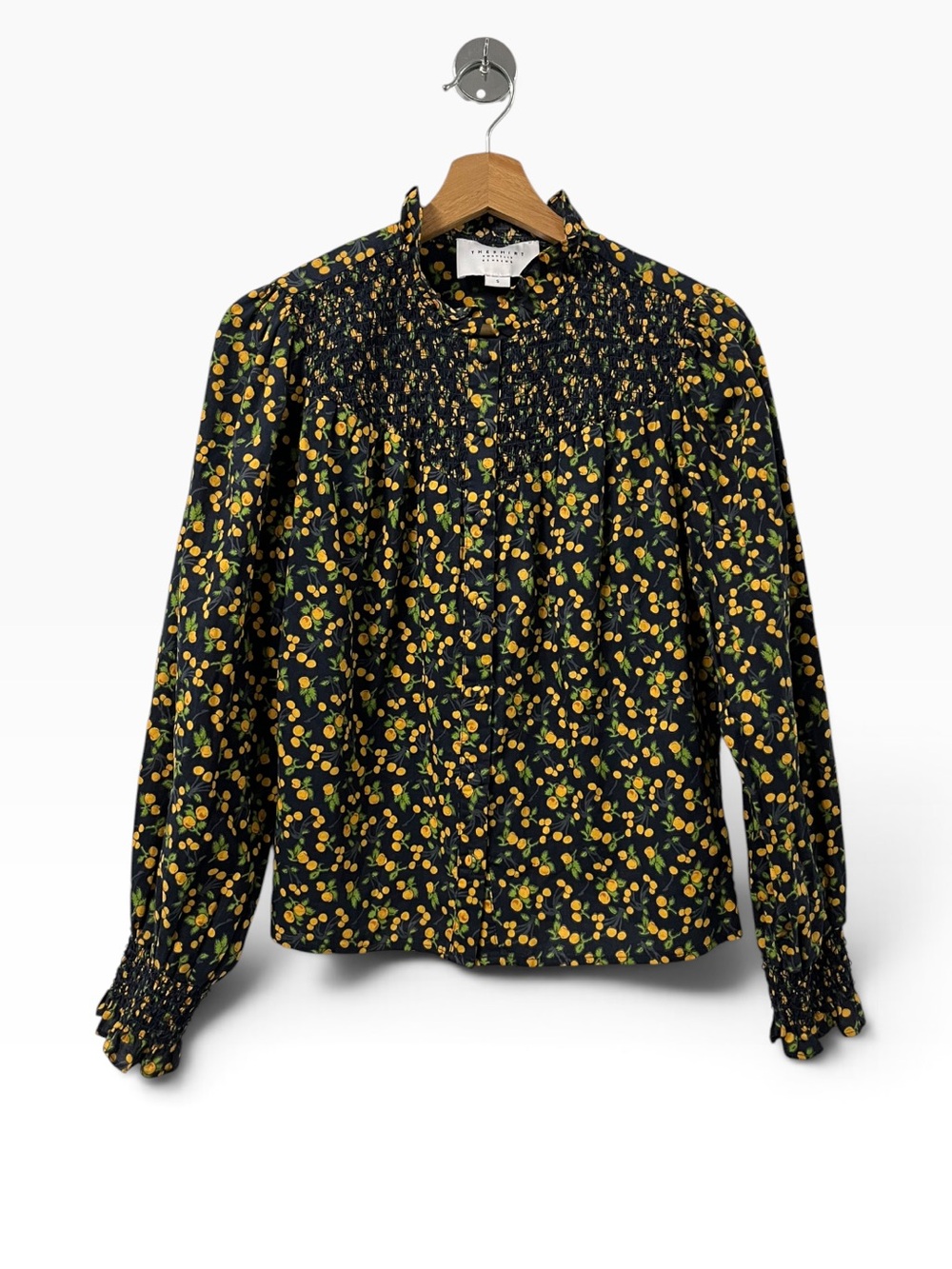 The Shirt Rochelle Behrens Cotton Blouse Women’s S Blue Orange Ruffle Collar